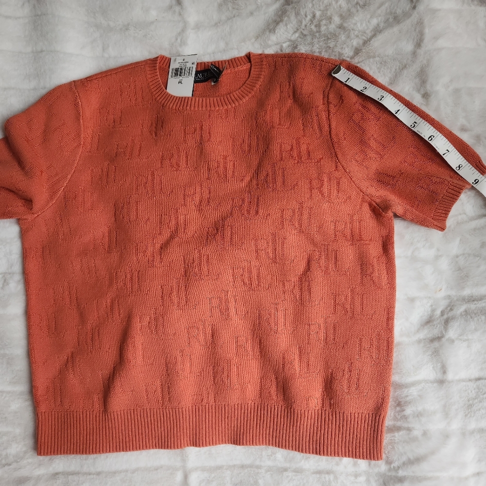 Ralph Lauren Sweater monogram jacquard Sweater short sleeves orange sz petite L - Picture 2 of 8